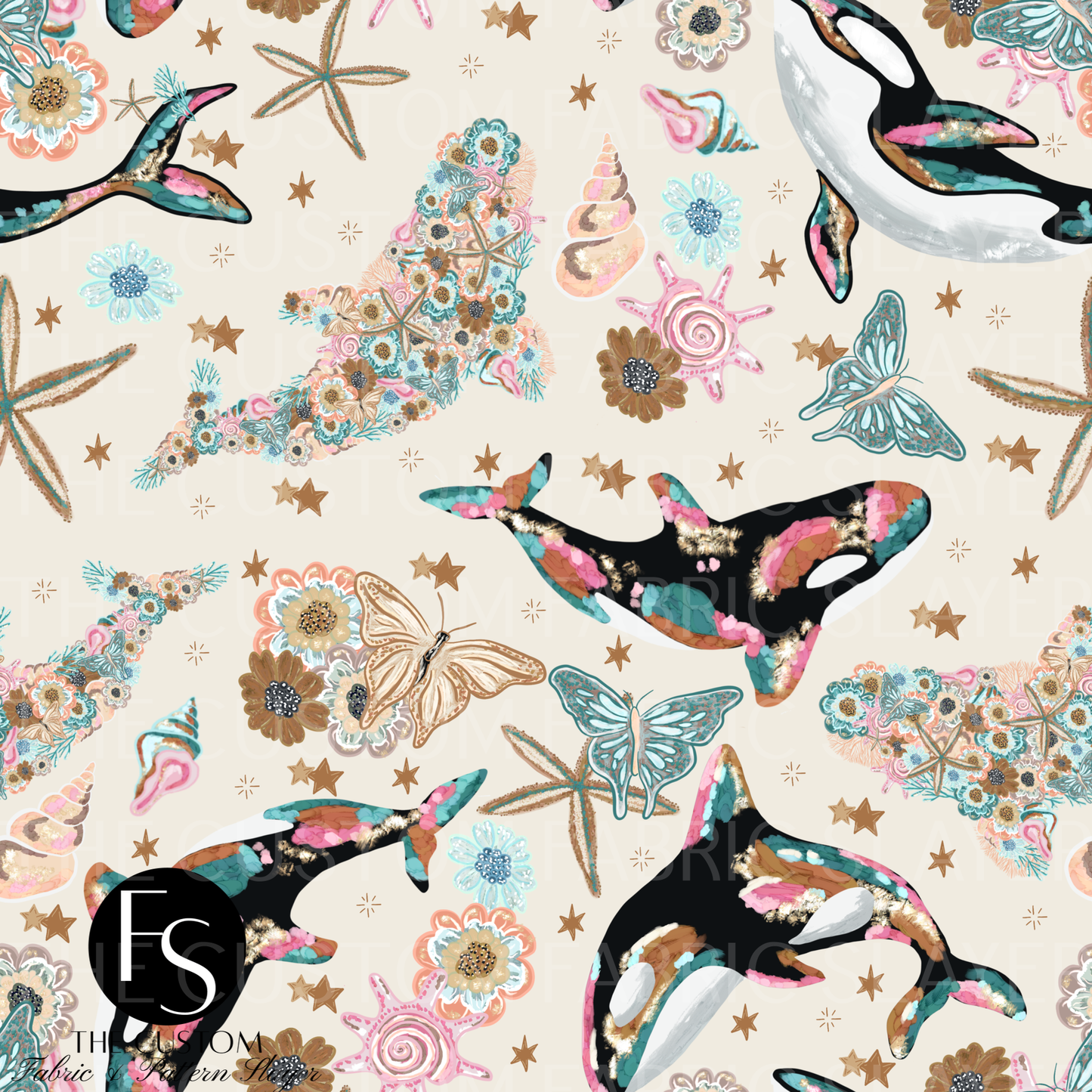 Floral Ocean Whales B - LYSSDOODLES